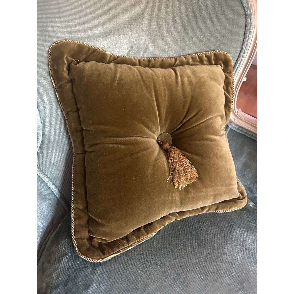 Vintage throw pillow tassel velvet mustard 14” center button tassel tufted olive